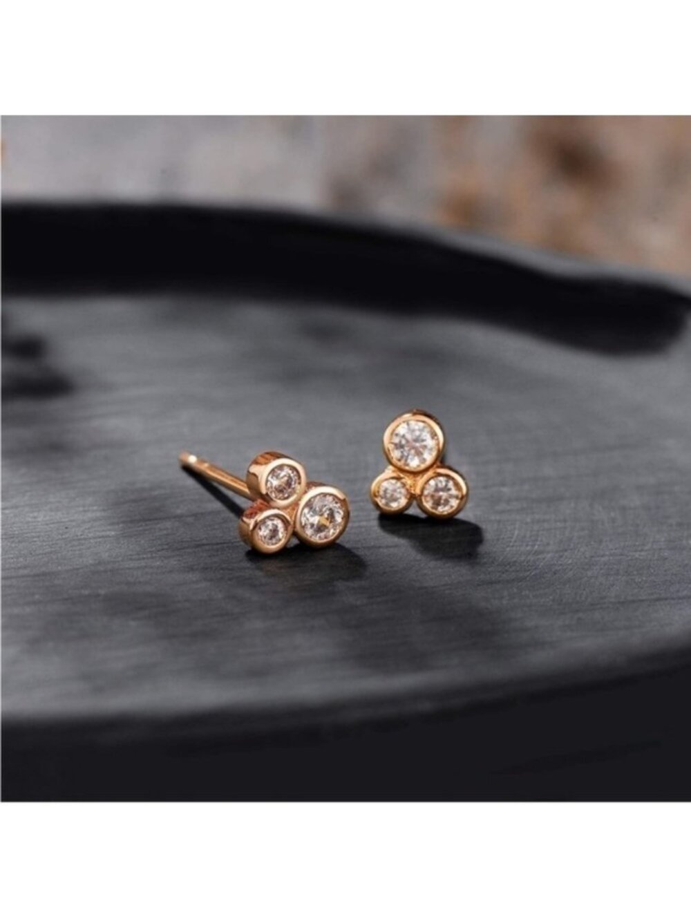 GOLD 14k Gold Plated Three Cubic Zirconia Stuff Earrings